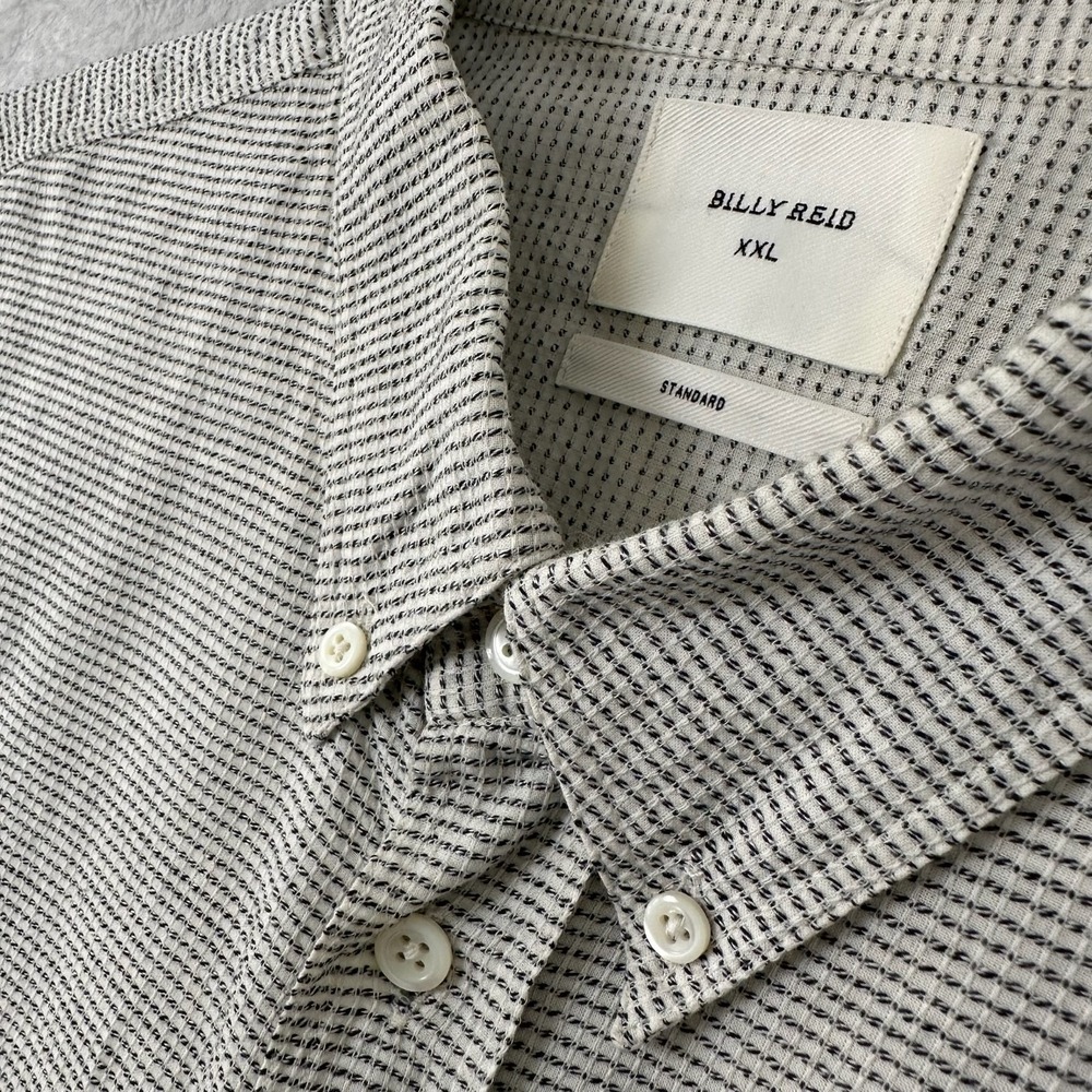 Billy Reid Tuscumbia Shirt XXL 2XL Short Sleeve Beige Grey Dobby Cotton Portugal